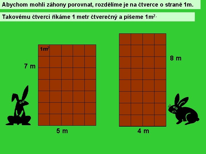 Abychom mohli záhony porovnat, rozdělíme je na čtverce o straně 1 m. Takovému čtverci