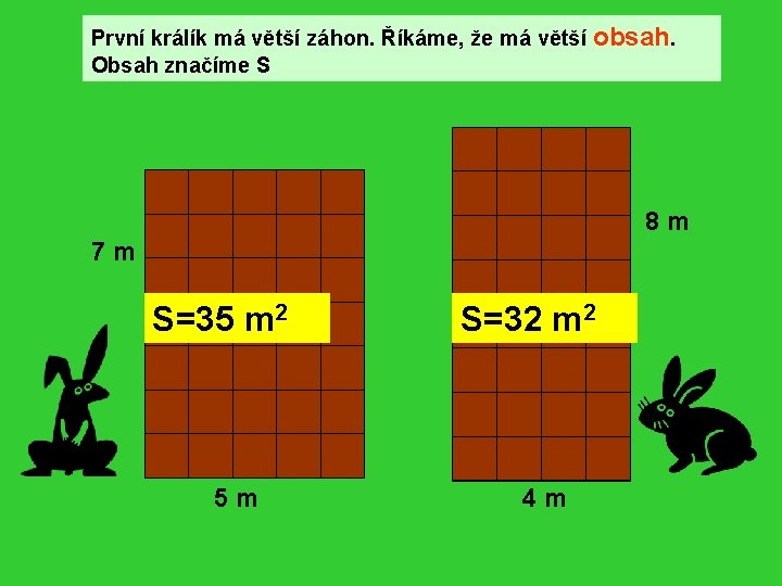 První králík má větší záhon. Říkáme, že má větší obsah. Obsah značíme S 8