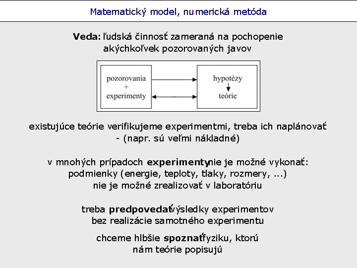 Matematický model, numerická metóda Veda: ľudská činnosť zameraná na pochopenie akýchkoľvek pozorovaných javov existujúce