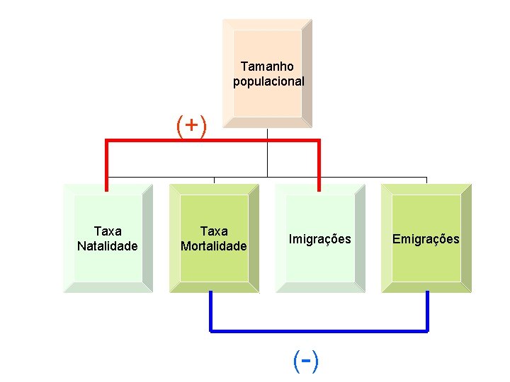 Tamanho populacional (+) Taxa Natalidade Taxa Mortalidade Imigrações (-) Emigrações 