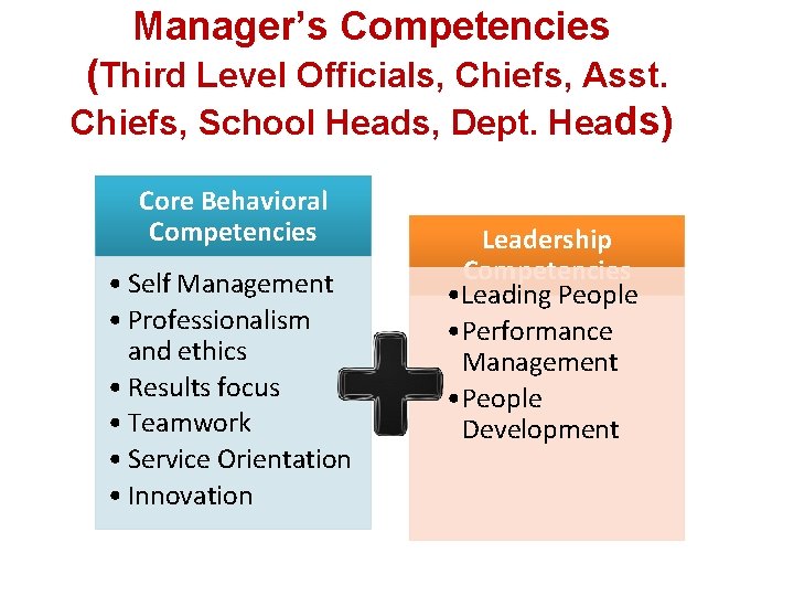 Manager’s Competencies (Third Level Officials, Chiefs, Asst. Chiefs, School Heads, Dept. Heads) Core Behavioral