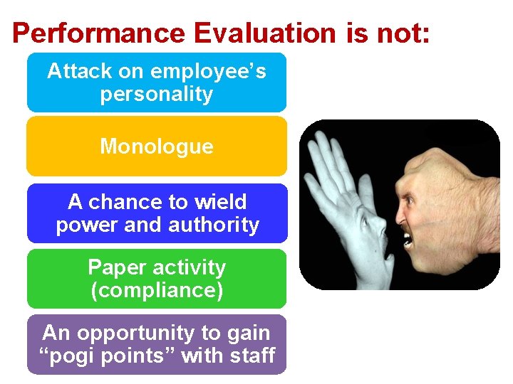 Performance Evaluation is not: Attack on employee’s personality Monologue A chance to wield power