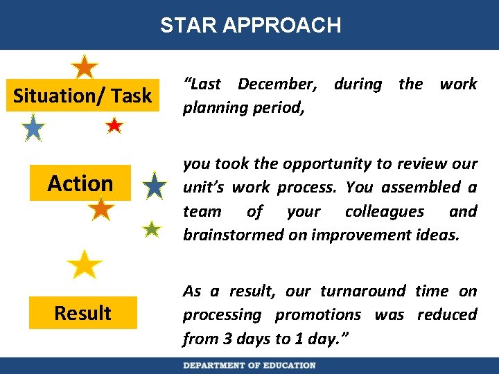 STAR APPROACH Situation/ Task Action Result “Last December, during the work planning period, you