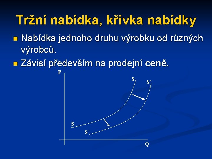 Tržní nabídka, křivka nabídky Nabídka jednoho druhu výrobku od různých výrobců. n Závisí především