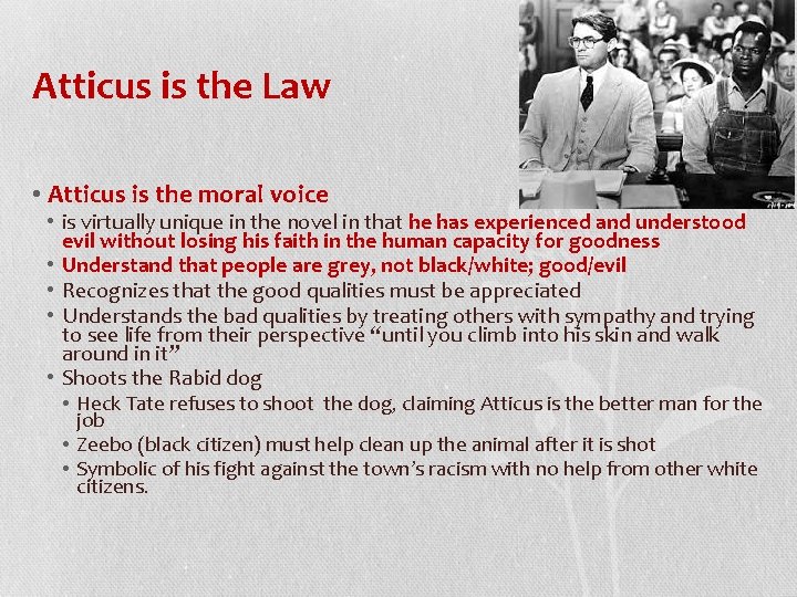 Atticus is the Law • Atticus is the moral voice • is virtually unique