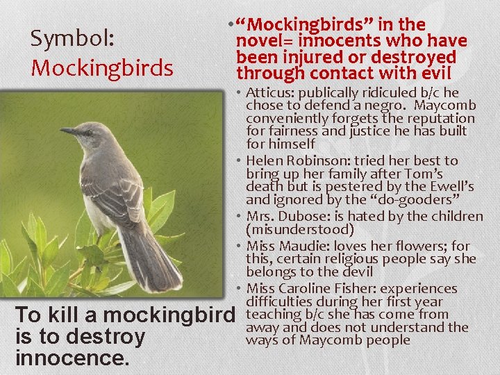 Symbol: Mockingbirds • “Mockingbirds” in the novel= innocents who have been injured or destroyed