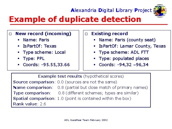 Alexandria Digital Library Project Example of duplicate detection o New record (incoming) § Name: