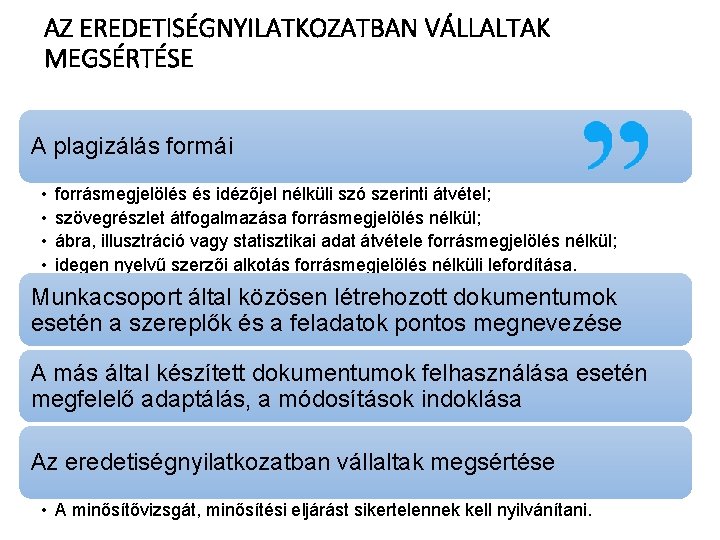 AZ EREDETISÉGNYILATKOZATBAN VÁLLALTAK MEGSÉRTÉSE A plagizálás formái • • forrásmegjelölés és idézőjel nélküli szó