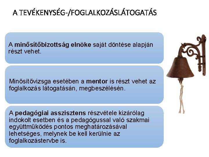 A TEVÉKENYSÉG-/FOGLALKOZÁSLÁTOGATÁS A minősítőbizottság elnöke saját döntése alapján részt vehet. Minősítővizsga esetében a mentor