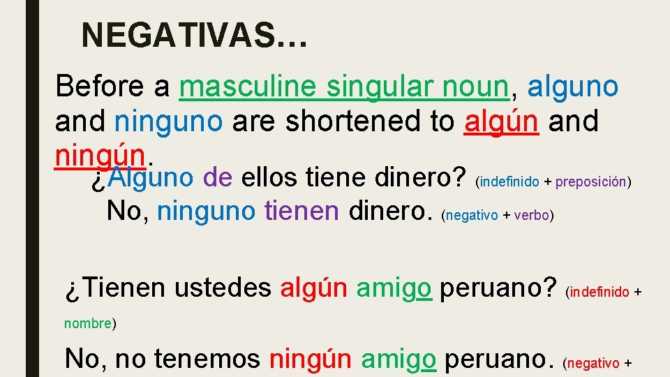 NEGATIVAS… Before a masculine singular noun, alguno and ninguno are shortened to algún and