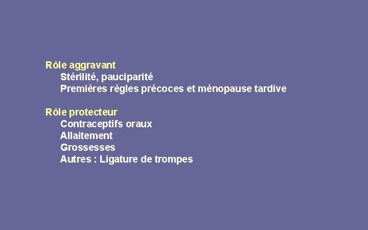 Rôle aggravant Stérilité, pauciparité Premières règles précoces et ménopause tardive Rôle protecteur Contraceptifs oraux