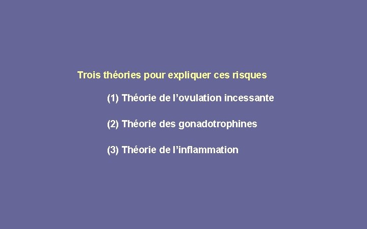 Trois théories pour expliquer ces risques (1) Théorie de l’ovulation incessante (2) Théorie des