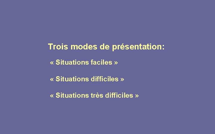 Trois modes de présentation: « Situations faciles » « Situations difficiles » « Situations