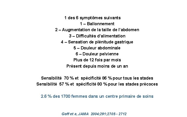 1 des 6 symptômes suivants 1 – Ballonnement 2 – Augmentation de la taille