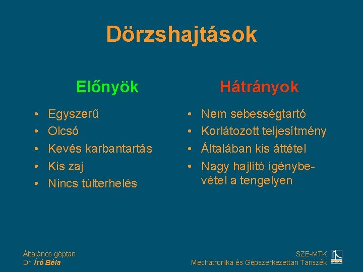 Dörzshajtások Előnyök • • • Egyszerű Olcsó Kevés karbantartás Kis zaj Nincs túlterhelés Általános