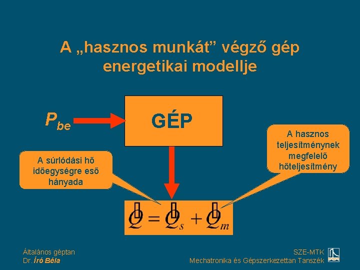 A „hasznos munkát” végző gép energetikai modellje Pbe A súrlódási hő időegységre eső hányada