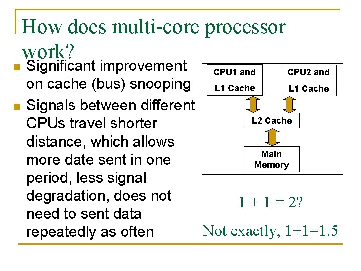 n n How does multi-core processor work? Significant improvement CPU 1 and CPU 2