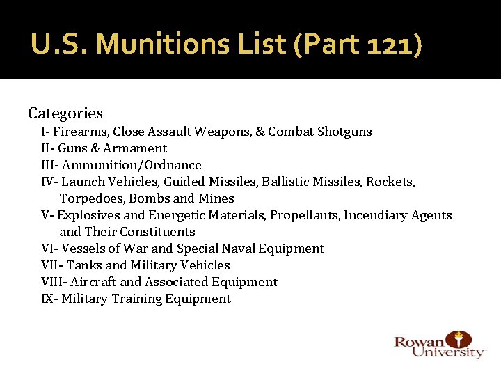 U. S. Munitions List (Part 121) Categories I- Firearms, Close Assault Weapons, & Combat