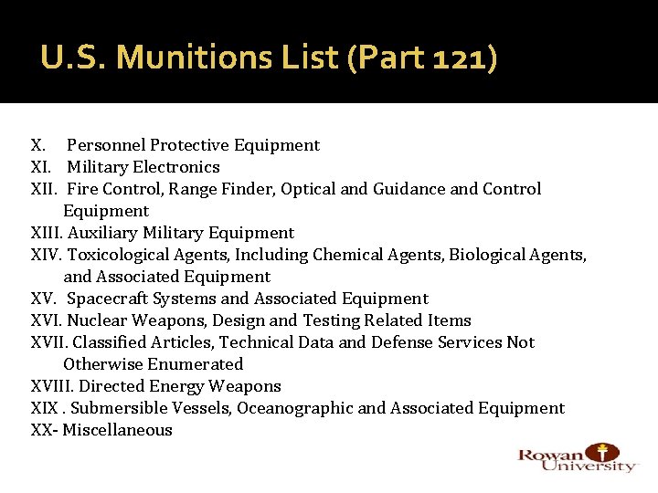 U. S. Munitions List (Part 121) X. Personnel Protective Equipment XI. Military Electronics XII.