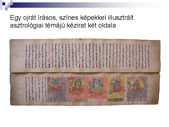 Egy ojrát írásos, színes képekkel illusztrált asztrológiai témájú kézirat két oldala 