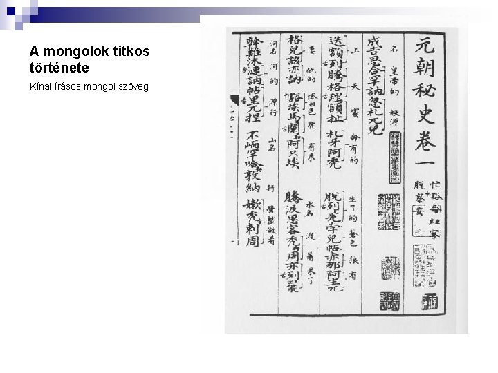 A mongolok titkos története Kínai írásos mongol szöveg 