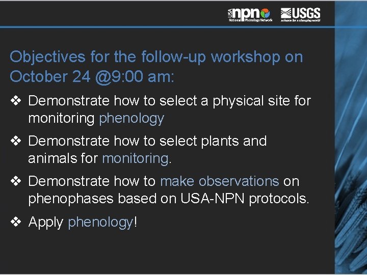 Objectives for the follow-up workshop on October 24 @9: 00 am: v Demonstrate how