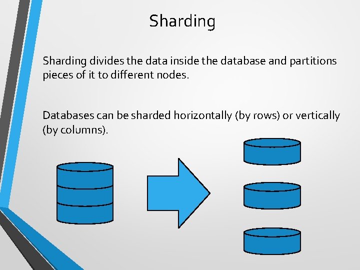 Sharding divides the data inside the database and partitions pieces of it to different