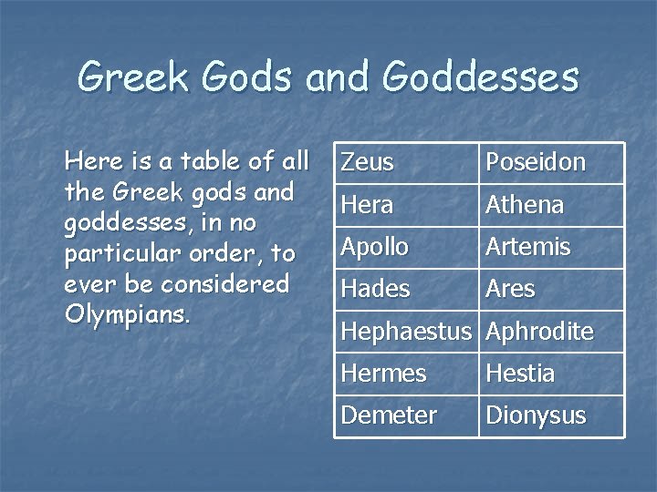 Greek Gods and Goddesses Here is a table of all the Greek gods and