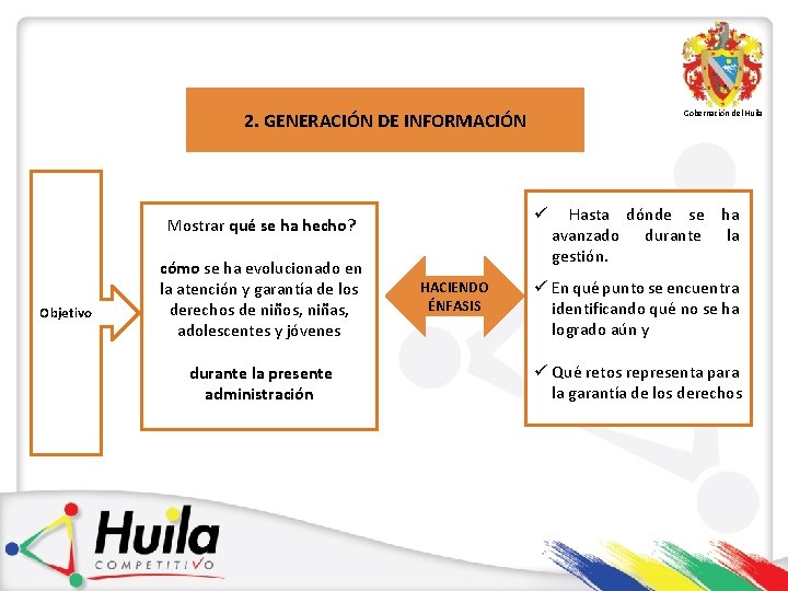 Gobernación del Huila 2. GENERACIÓN DE INFORMACIÓN ü Mostrar qué se ha hecho? Objetivo