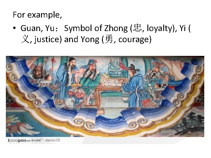 For example, • Guan, Yu：Symbol of Zhong (忠, loyalty), Yi ( 义, justice) and