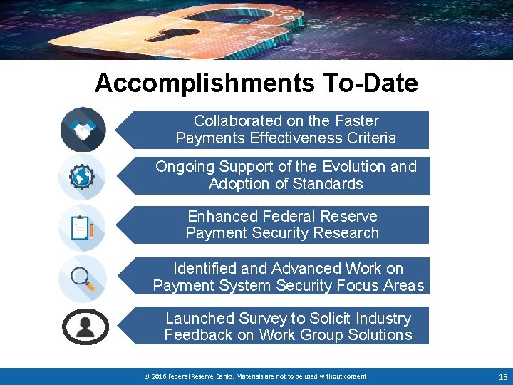 Accomplishments To-Date Collaborated on the Faster Payments Effectiveness Criteria Ongoing Support of the Evolution