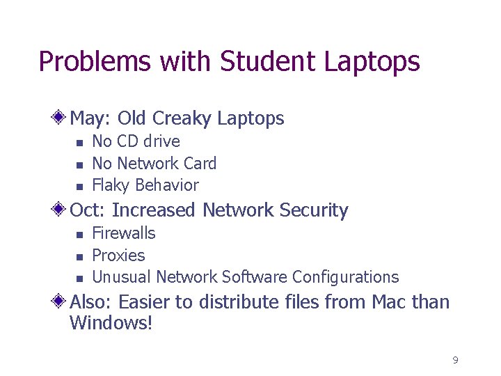 Problems with Student Laptops May: Old Creaky Laptops n n n No CD drive