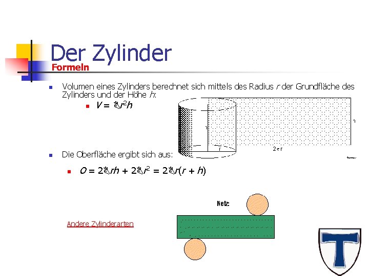Der Zylinder Formeln n Volumen eines Zylinders berechnet sich mittels des Radius r der