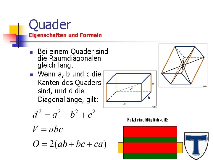 Quader Eigenschaften und Formeln n n Bei einem Quader sind die Raumdiagonalen gleich lang.