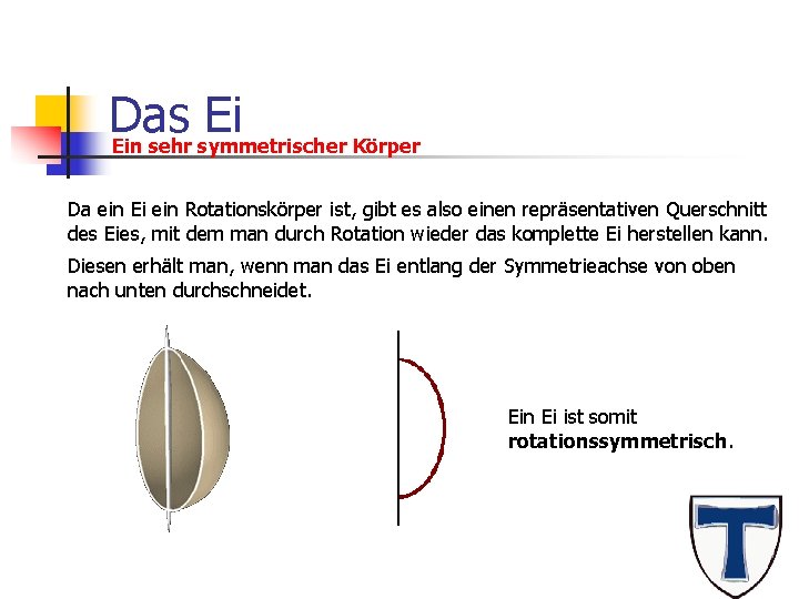 Das Ei Ein sehr symmetrischer Körper Da ein Ei ein Rotationskörper ist, gibt es