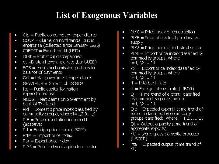 List of Exogenous Variables • • • • Ctg = Public consumption expenditures CONP