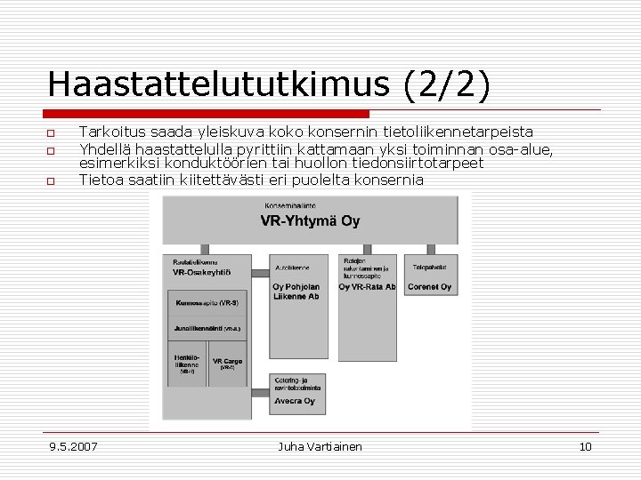 Haastattelututkimus (2/2) o o o Tarkoitus saada yleiskuva koko konsernin tietoliikennetarpeista Yhdellä haastattelulla pyrittiin