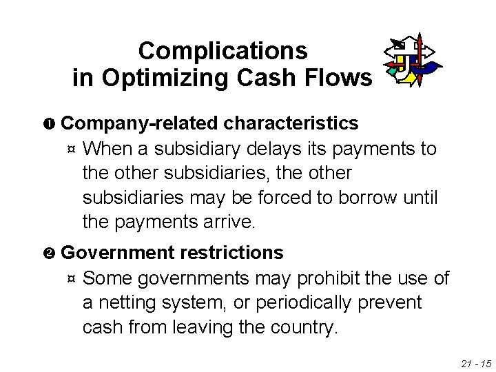 Complications in Optimizing Cash Flows Company-related characteristics ¤ When a subsidiary delays its payments