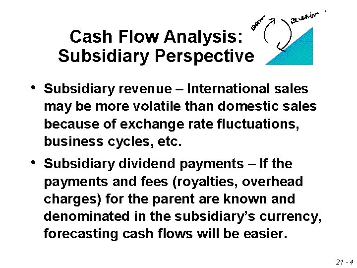 Cash Flow Analysis: Subsidiary Perspective • Subsidiary revenue – International sales may be more