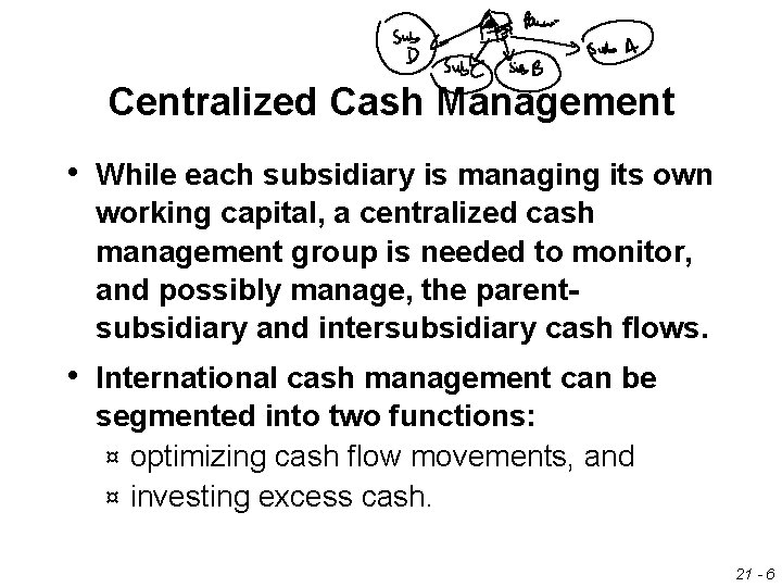 Centralized Cash Management • While each subsidiary is managing its own working capital, a