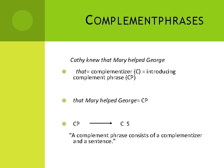 C OMPLEMENTPHRASES Cathy knew that Mary helped George that= complementizer (C) = introducing complement