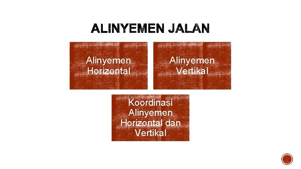 Alinyemen Horizontal Alinyemen Vertikal Koordinasi Alinyemen Horizontal dan Vertikal 