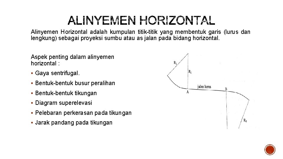 Alinyemen Horizontal adalah kumpulan titik-titik yang membentuk garis (lurus dan lengkung) sebagai proyeksi sumbu