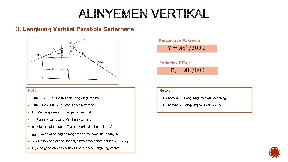 3. Lengkung Vertikal Parabola Sederhana Persamaan Parabola : Pada titik PPV : Ket :