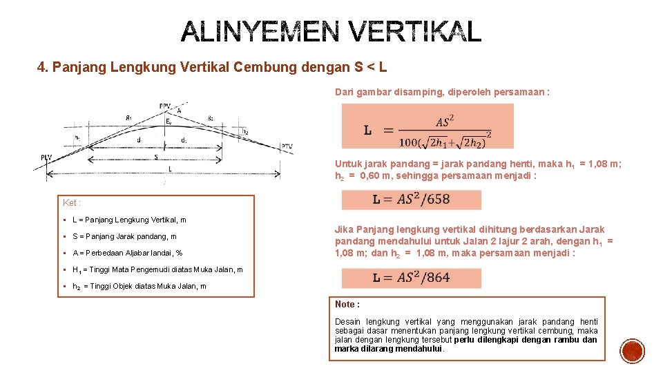 4. Panjang Lengkung Vertikal Cembung dengan S < L Dari gambar disamping, diperoleh persamaan