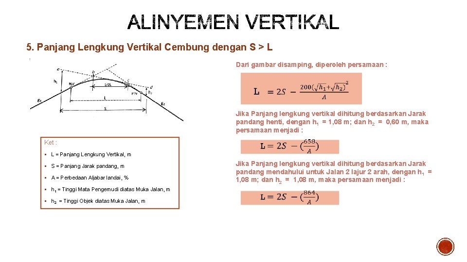 5. Panjang Lengkung Vertikal Cembung dengan S > L Dari gambar disamping, diperoleh persamaan