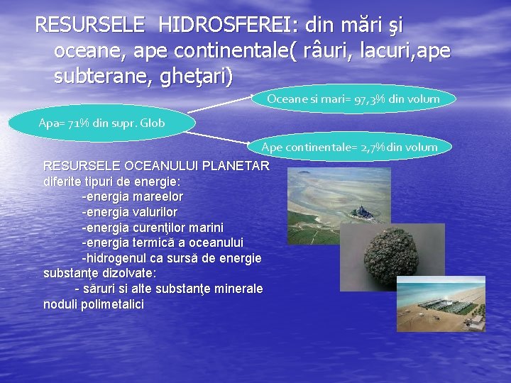 RESURSELE HIDROSFEREI: din mări şi oceane, ape continentale( râuri, lacuri, ape subterane, gheţari) Oceane