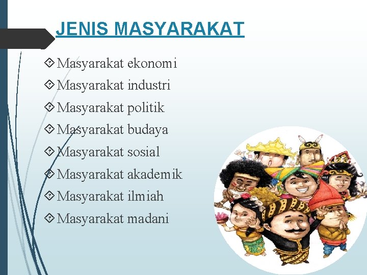 JENIS MASYARAKAT Masyarakat ekonomi Masyarakat industri Masyarakat politik Masyarakat budaya Masyarakat sosial Masyarakat akademik