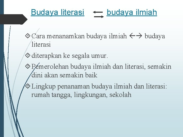 Budaya literasi budaya ilmiah Cara menanamkan budaya ilmiah budaya literasi diterapkan ke segala umur.