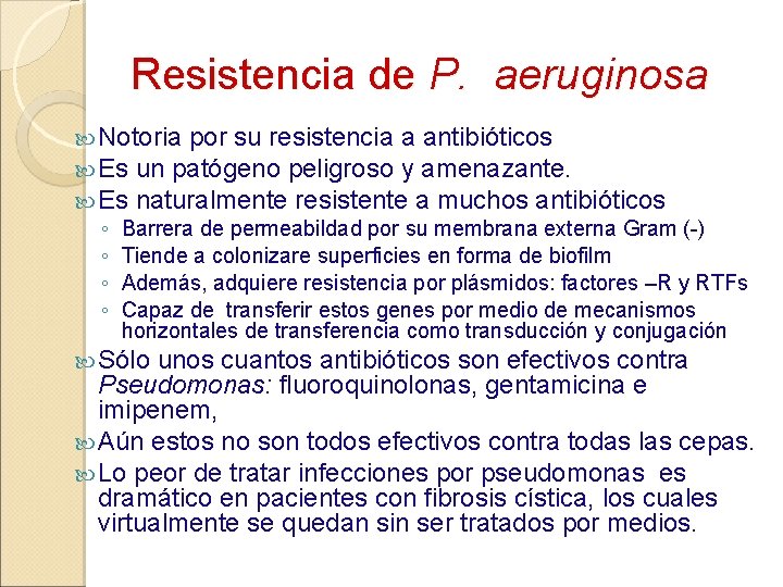 Resistencia de P. aeruginosa Notoria por su resistencia a antibióticos Es un patógeno peligroso